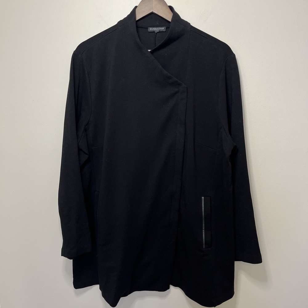 Eileen Fisher Woman Black Asymmetrical Zip Jacket Tencel‎ Blend Lamb Leather XXL